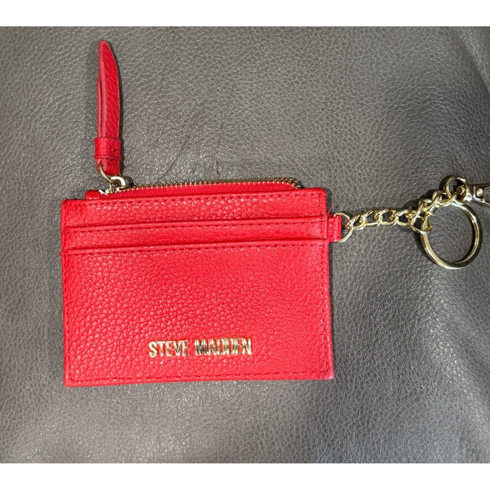 Steve Madden Red Leather Card Holder Wallet Pouch Keychain Zip Coin Purse